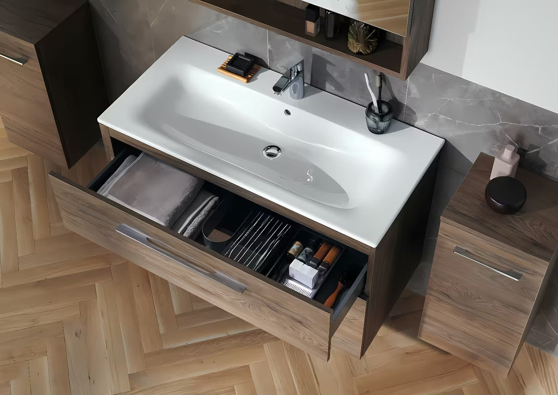 Wisząca szafka z umywalką ceramiczną Geberit Selnova w dekorze orzech hickory, 100x50,2x65,2 cm.