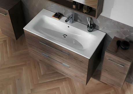 Wisząca szafka z umywalką ceramiczną Geberit Selnova w dekorze orzech hickory, 100x50,2x65,2 cm.