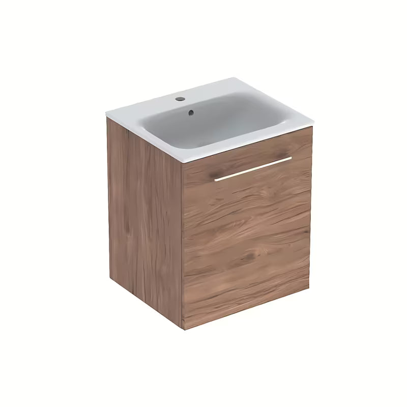 Wisząca szafka łazienkowa z umywalką ceramiczną Geberit Selnova w dekorze orzech hickory.