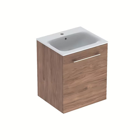 Wisząca szafka łazienkowa z umywalką ceramiczną Geberit Selnova w dekorze orzech hickory.