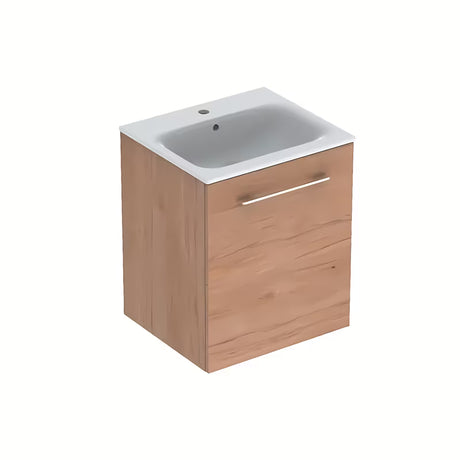 Wisząca szafka łazienkowa z umywalką ceramiczną Geberit Selnova w dekorze jasny orzech hickory