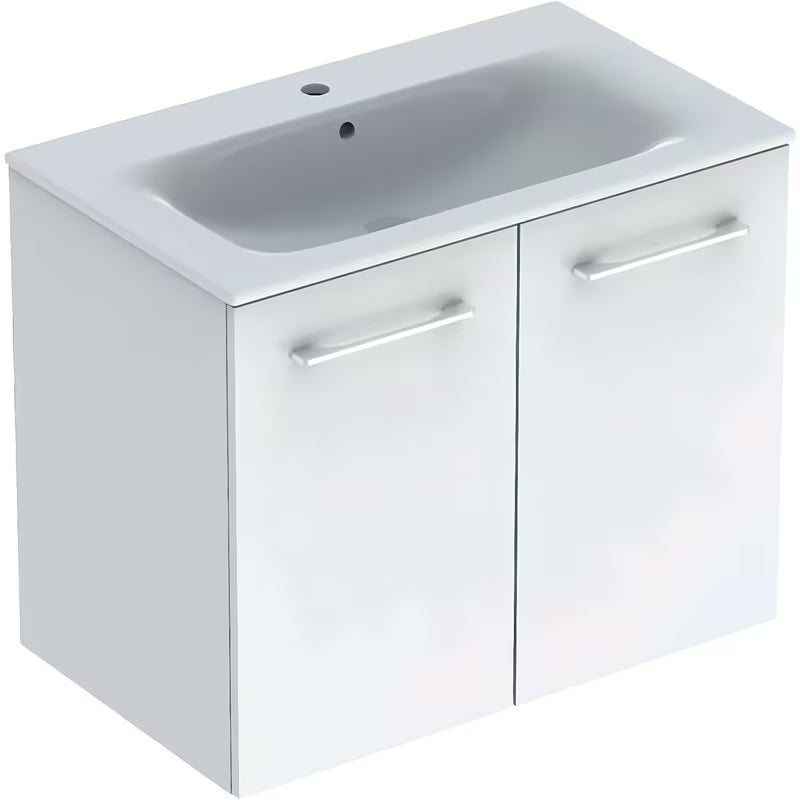 Wisząca szafka łazienkowa z umywalką ceramiczną Geberit Selnova w kolorze białym, z połyskiem