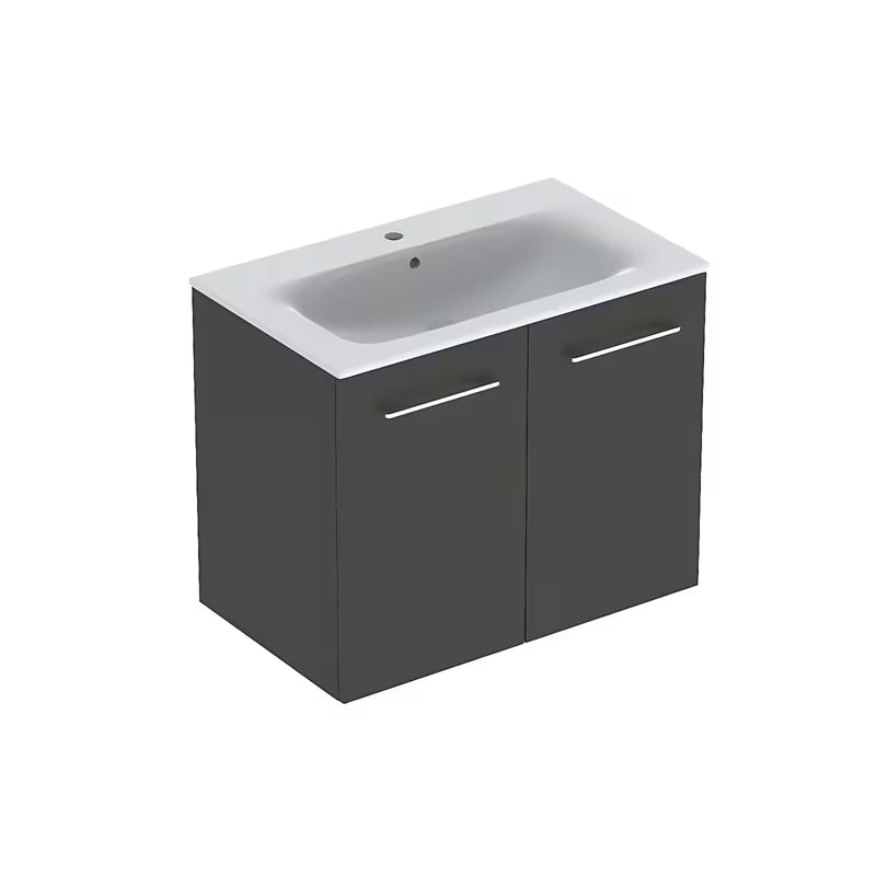 Wisząca szafka łazienkowa z umywalką ceramiczną Geberit Selnova w kolorze antracytowym.