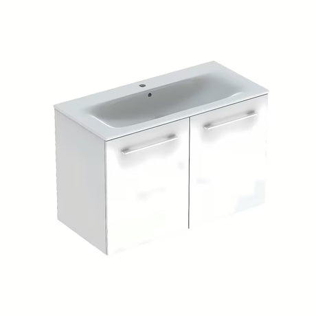 Biała wisząca szafka z umywalką ceramiczną Geberit Selnova z połyskiem