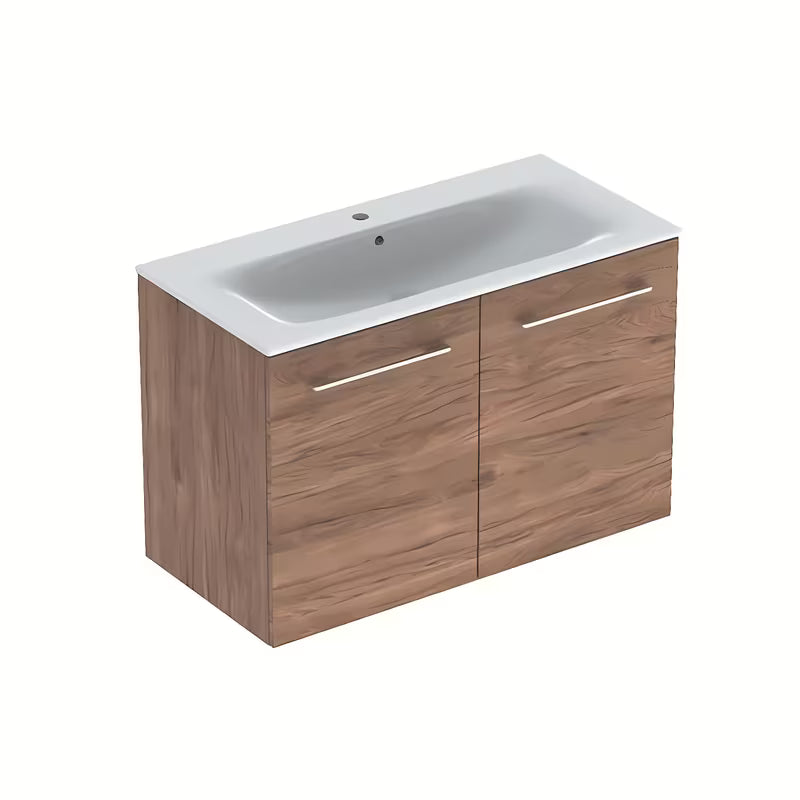 Wisząca szafka łazienkowa z umywalką ceramiczną Geberit Selnova w dekorze orzech hickory