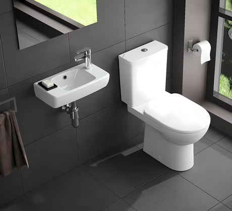 Biała ceramiczna mała umywalka Geberit Selnova Compact 40 x 25 cm z otworem pro na baterię po prawej stronie