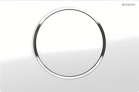 Białe przycisk spłukujący Geberit Sigma10 z chromowanym błyszczącym pierścieniem pro spłukiwanie Start/Stop