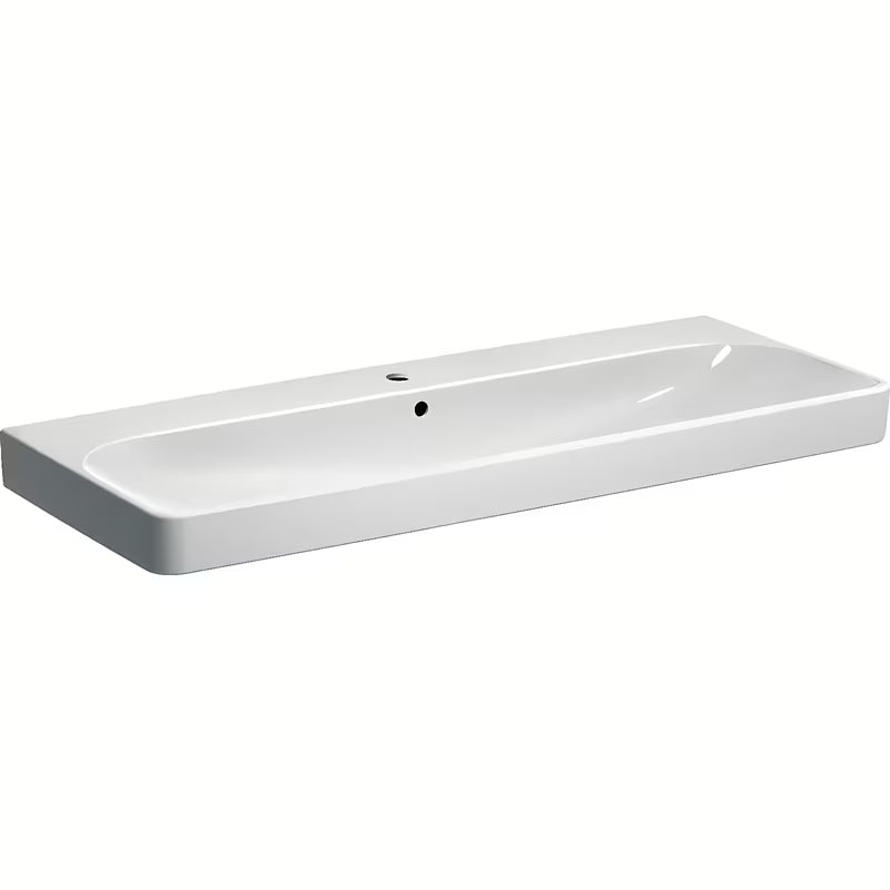Biała wiszące ceramiczna umywalka Geberit Smyle Square 120x48 cm z otworem na baterię pośrodku.