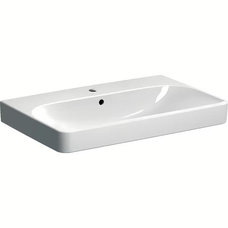 Biała ceramiczna umywalka wisząca Geberit Smyle Square 75x48 cm z centralnym otworem na baterię