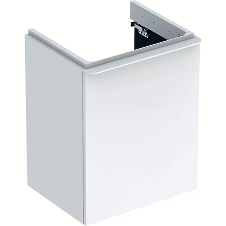 Biała wisząca szafka pod umywalkę Geberit Smyle Square 49,2x62x40,6 cm z prawym kierunkiem otwierania drzwi.
