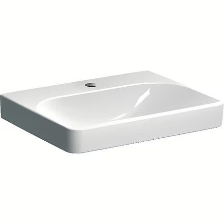 Biała wiszące umywalka ceramiczna Geberit Smyle Square z otworem pro baterię pośrodku