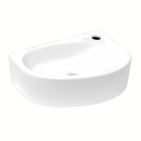 Biała prawa narożne mała umywalka Glacera Bigio 42x29,5 cm bez przelewu z otworem na baterię po prawej stronie.