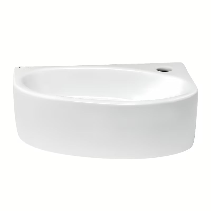 Biała prawa narożne mała umywalka Glacera Bigio 42x29,5 cm bez przelewu z otworem na baterię po prawej stronie.