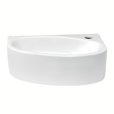 Biała prawa narożne mała umywalka Glacera Bigio 42x29,5 cm bez przelewu z otworem na baterię po prawej stronie.