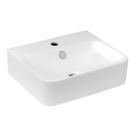 Biała ceramiczna prostokątna mała umywalka Glacera Bigio z przelewem i otworem na baterię pośrodku