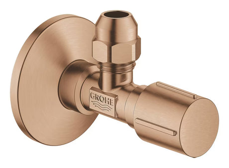 Zawór kątowy Grohe w wykończeniu brushed warm sunset z metalowym uchwytem i metalową rozetą