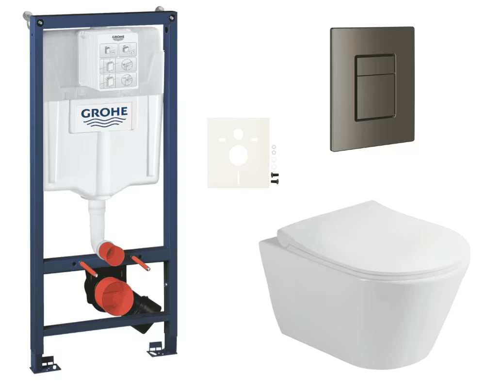 Zestaw WC podtynkowy Glacera Ava z systemem instalacyjnym Grohe Rapid SL i przyciskiem spłukującym Skate Cosmopolitan.