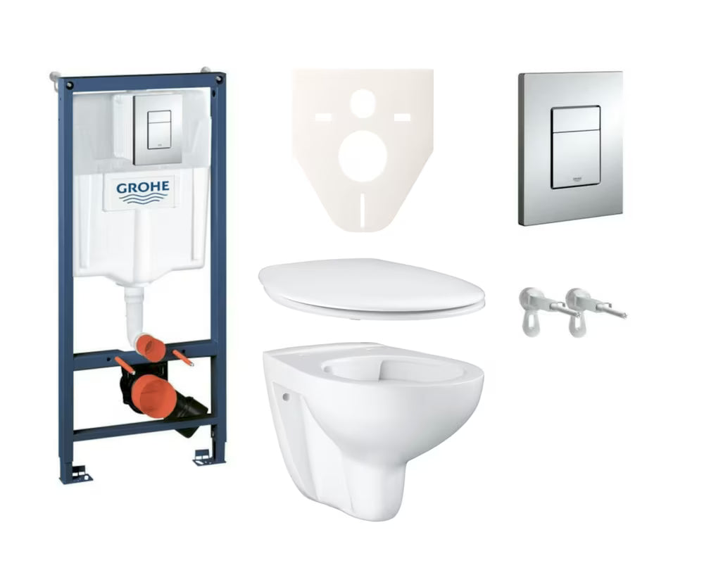 Zestaw WC podtynkowy Grohe Bau Ceramic z modułem podtynkowym, spłuczką, deską i przyciskiem w błyszczącym chromie.