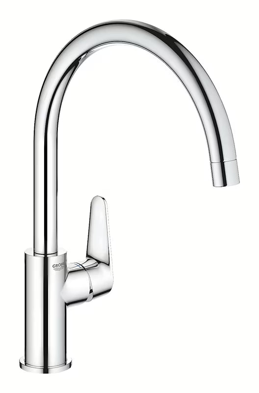 Chromowana bateria zlewozmywakowa Grohe baucurve z wysoką wylewką i obrotową wylewką 360°