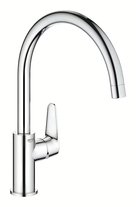 Chromowana bateria zlewozmywakowa Grohe baucurve z wysoką wylewką i obrotową wylewką 360°