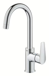 Wysoka jednouchwytowa bateria umywalkowa Grohe bauedge w wykończeniu chrom z odpływem.