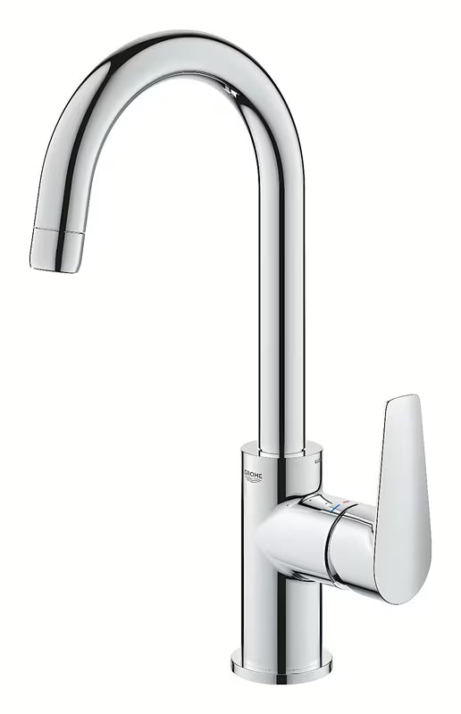 Wysoka jednouchwytowa bateria umywalkowa Grohe bauedge w wykończeniu chrom z odpływem.
