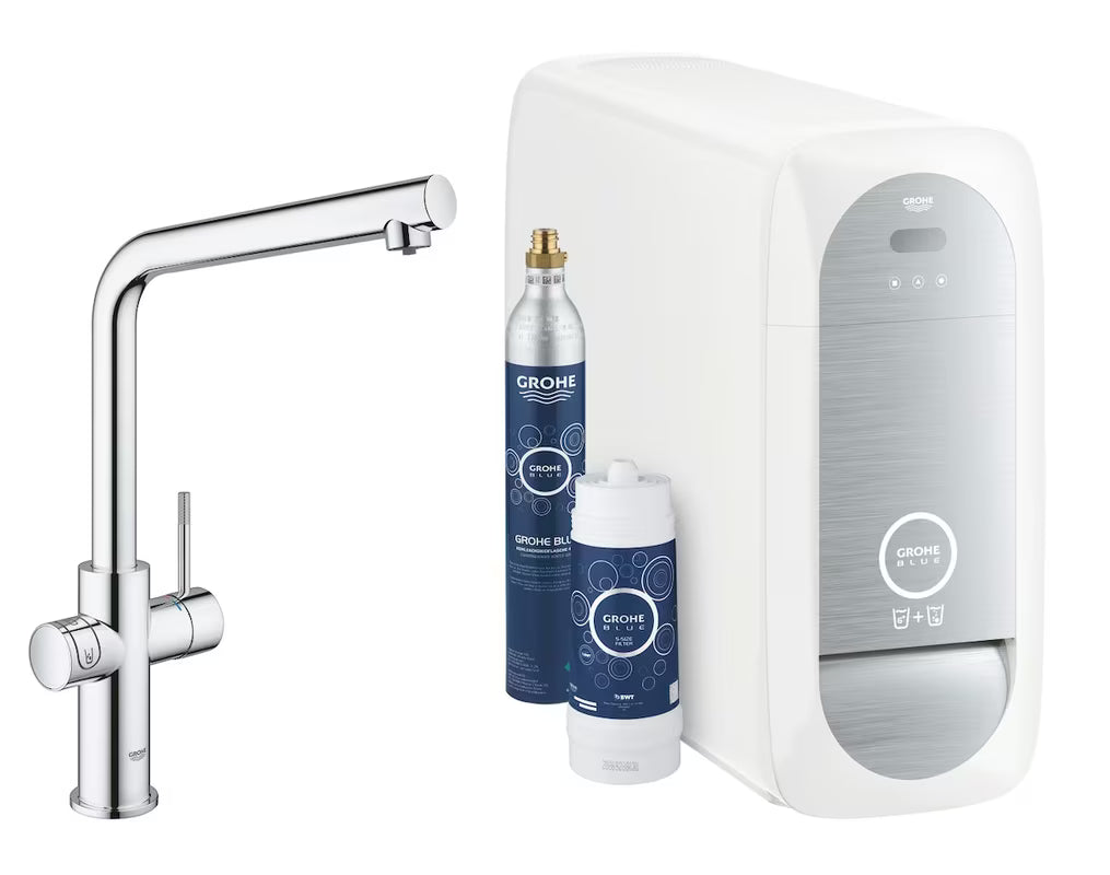 Chromowana bateria zlewozmywakowa Grohe Blue Home Duo pro wodę filtrowaną, schłodzoną i gazowaną