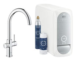 Chromowana bateria zlewozmywakowa Grohe Blue Home Duo z filtrem, chłodzeniem i przyciskiem pro wodę gazowaną i niegazowaną
