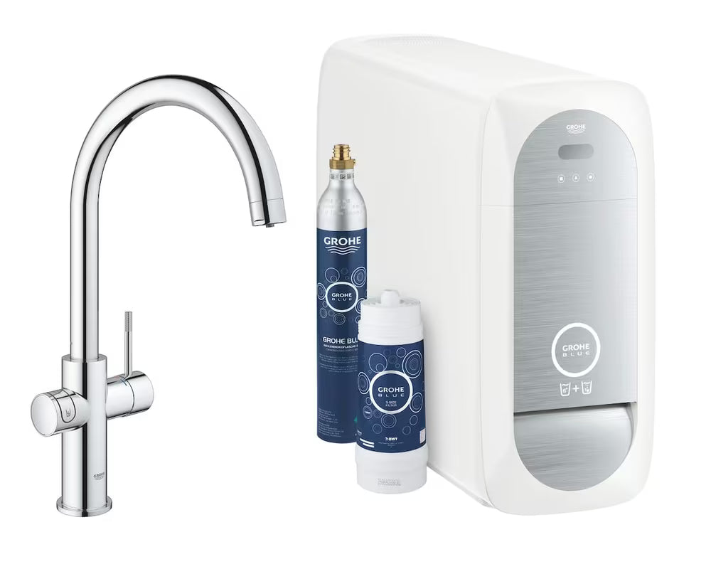 Chromowana bateria zlewozmywakowa Grohe Blue Home Duo z filtrem, chłodzeniem i przyciskiem pro wodę gazowaną i niegazowaną