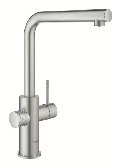 Grohe Blue Home bateria zlewozmywakowa supersteel z funkcją filtracji i chłodziarką pro wodę gazowaną