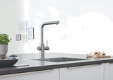 Grohe Blue Home bateria zlewozmywakowa supersteel z funkcją filtracji i chłodziarką pro wodę gazowaną