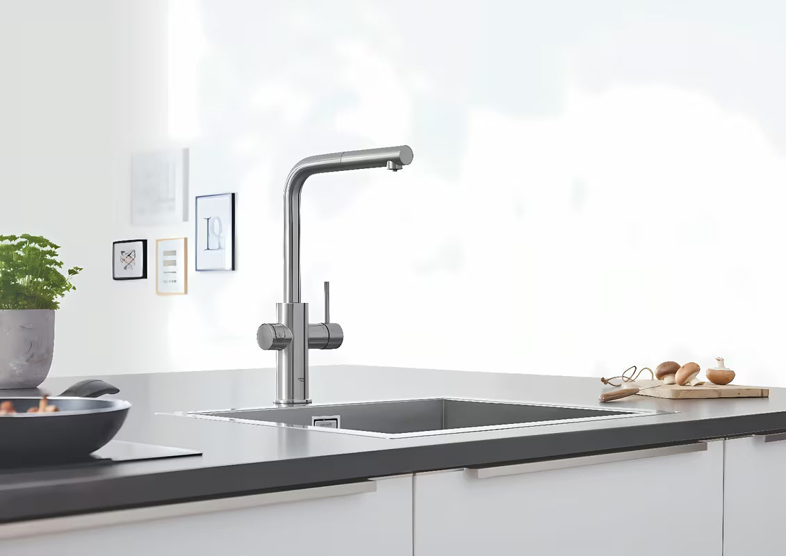 Grohe Blue Home bateria zlewozmywakowa supersteel z funkcją filtracji i chłodziarką pro wodę gazowaną