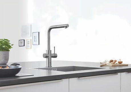 Grohe Blue Home bateria zlewozmywakowa supersteel z funkcją filtracji i chłodziarką pro wodę gazowaną