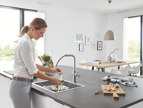 Grohe Blue Home bateria zlewozmywakowa supersteel z funkcją filtracji i chłodziarką pro wodę gazowaną