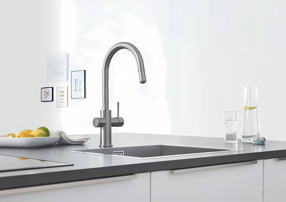 Grohe Blue Home bateria zlewozmywakowa supersteel z filtracją i chłodziarką pro do wody niegazowanej i gazowanej