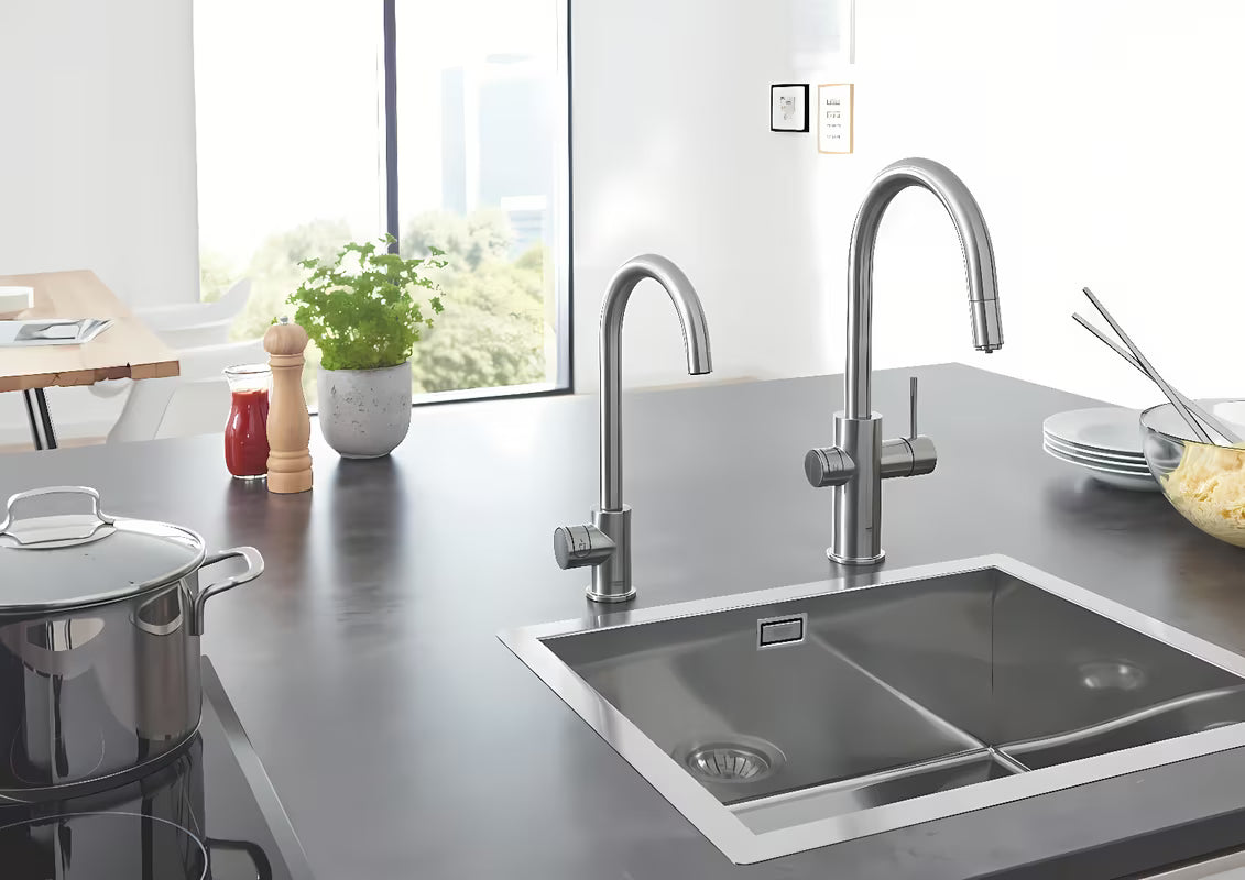 Grohe Blue Home bateria zlewozmywakowa supersteel z filtracją i chłodziarką pro do wody niegazowanej i gazowanej