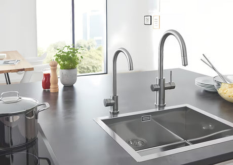 Grohe Blue Home bateria zlewozmywakowa supersteel z filtracją i chłodziarką pro do wody niegazowanej i gazowanej