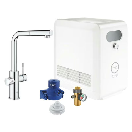 Chromowana bateria zlewozmywakowa Grohe Blue Professional z wyciąganą wylewką z funkcją wody filtrowanej, schłodzonej i gazowanej