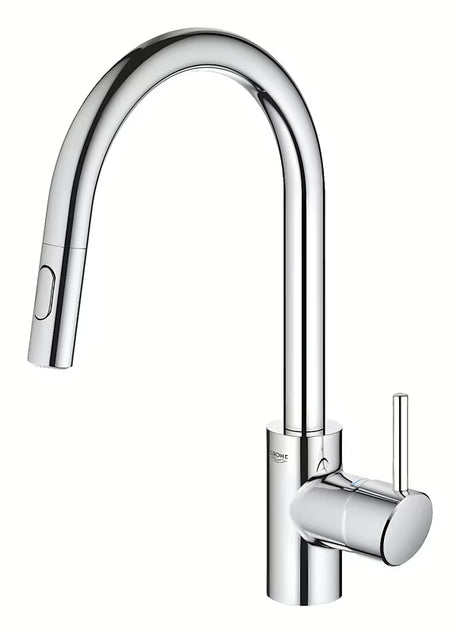 Chromowana bateria zlewozmywakowa Grohe Concetto New z wysoką obrotową wylewką i wyciąganą wylewką prysznicową
