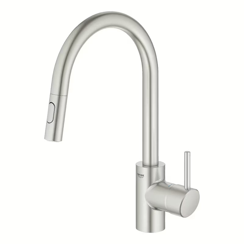 Grohe Concetto New jednouchwytowa bateria zlewozmywakowa z wysoką wylewką i wyciąganą wylewką natryskową w wykończeniu supersteel.