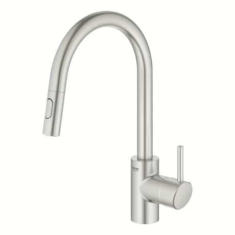 Grohe Concetto New jednouchwytowa bateria zlewozmywakowa z wysoką wylewką i wyciąganą wylewką natryskową w wykończeniu supersteel.