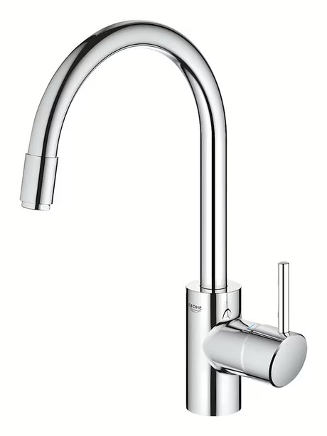 Chromowana bateria zlewozmywakowa Grohe Concetto New z wysoką obrotową wylewką i wyciąganą wylewką natryskową.