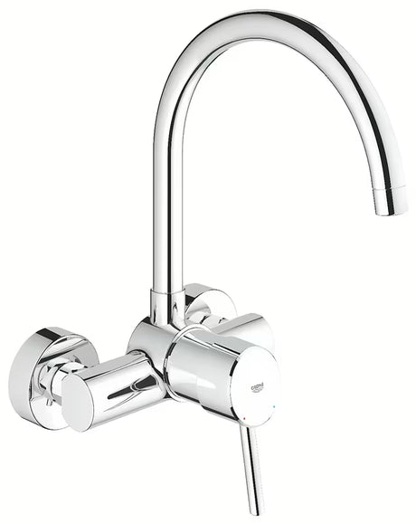 Chromowana ścienna bateria zlewozmywakowa Grohe Concetto New z wysoką obrotową wylewką 360°.