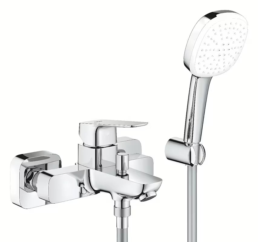 Grohe Cubeo ścienna jednouchwytowa bateria wannowa w chromie z zestawem prysznicowym
