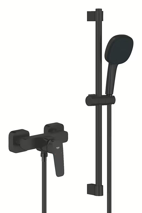 Grohe Cubeo ścienna bateria prysznicowa w czarnym macie z zestawem prysznicowym Tempesta Cube 110