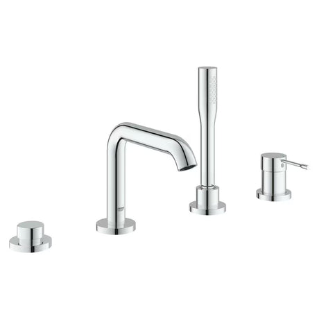 Chromowana czterootworowa bateria wannowa Grohe Essence New z prysznicem i dźwignią