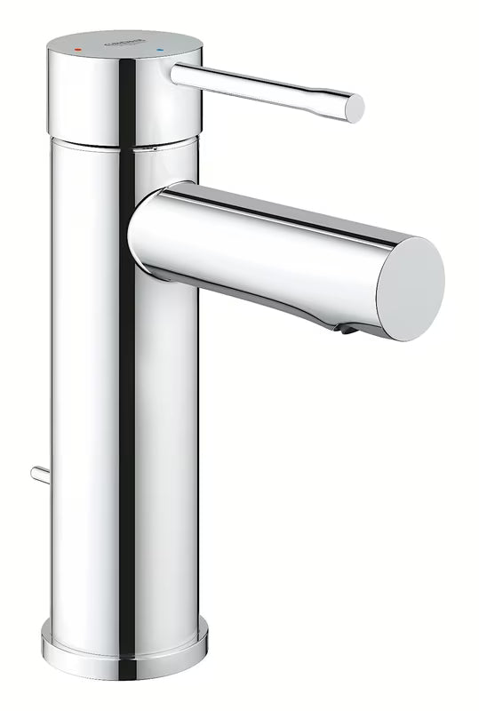 Chromowana bateria umywalkowa jednouchwytowa Grohe Essence New z odpływem i technologiami oszczędzającymi wodę.