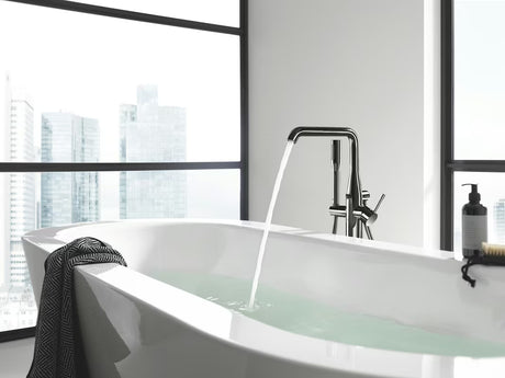Podłogowa bateria wannowa Grohe Essence New z zestawem prysznicowym w wykończeniu Hard Graphite.