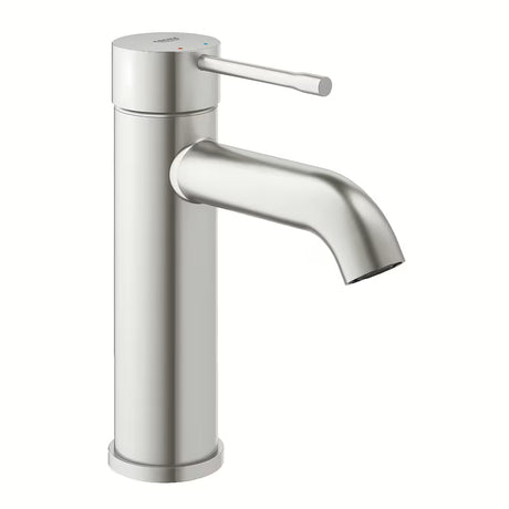 Bateria umywalkowa jednouchwytowa Grohe Essence New w matowym wykończeniu supersteel z wysoką, wygiętą wylewką.