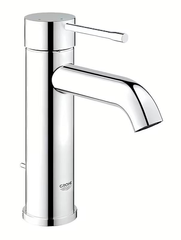 Chromowana jednouchwytowa bateria umywalkowa Grohe Essence New z zestawem odpływowym i technologiami oszczędzającymi wodę.